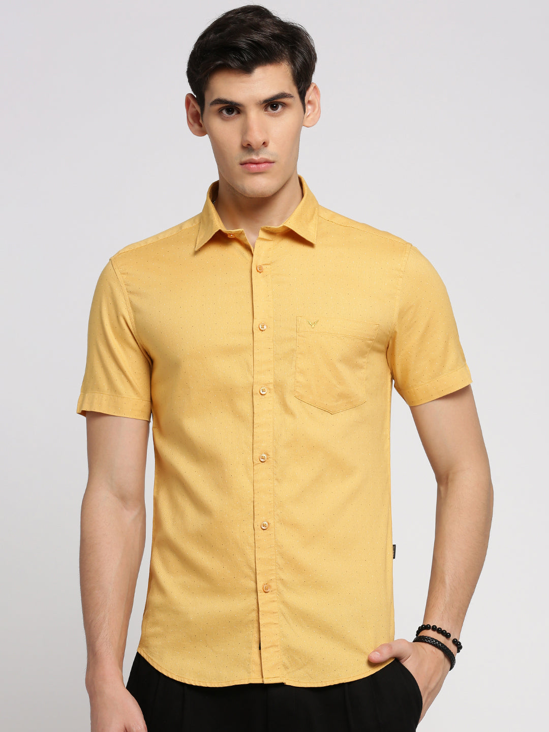 Men Yellow Spread Collar Micro Ditsy Shirt