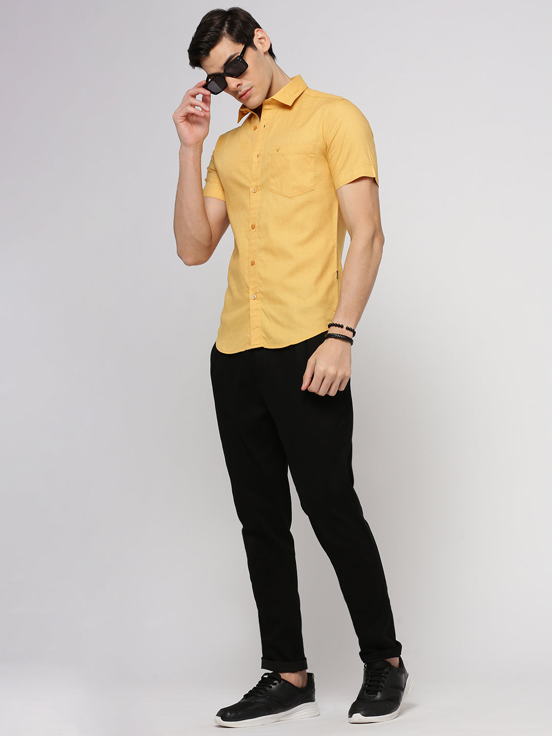 Men Yellow Spread Collar Micro Ditsy Shirt