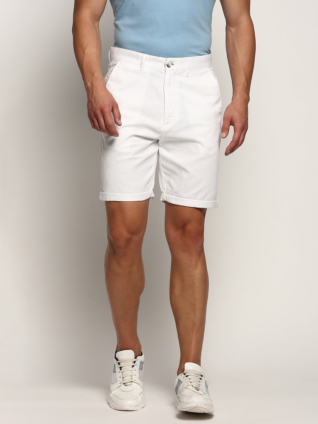 Men White Solid Shorts