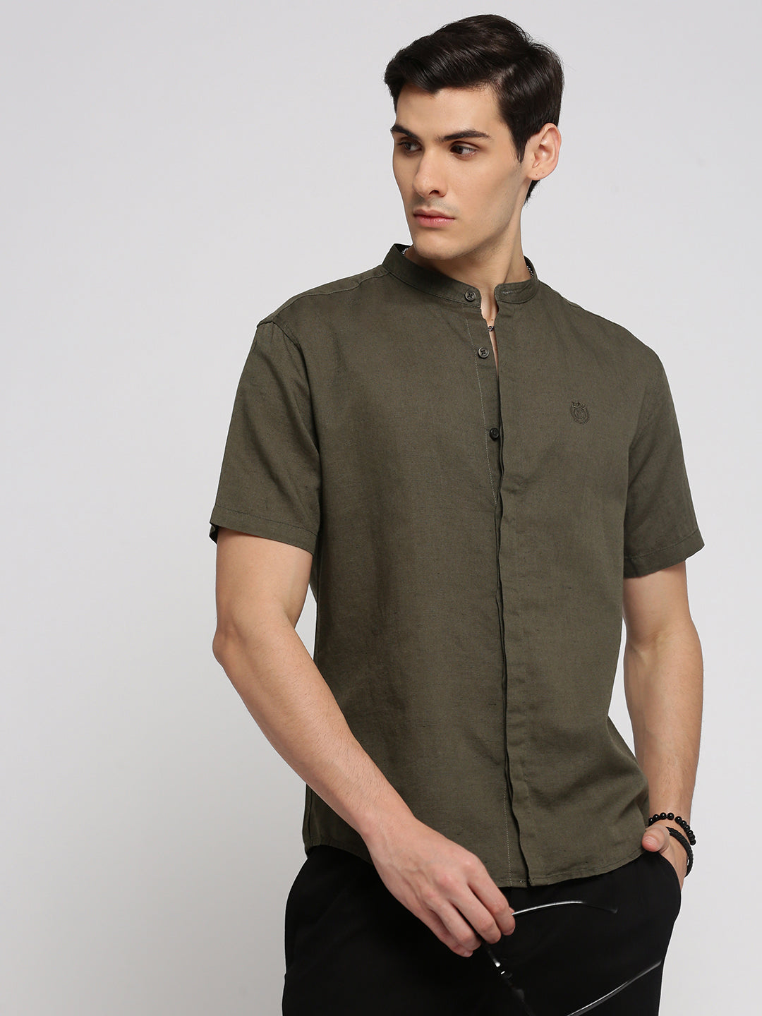 Men Olive Mandarin Collar Solid Shirt