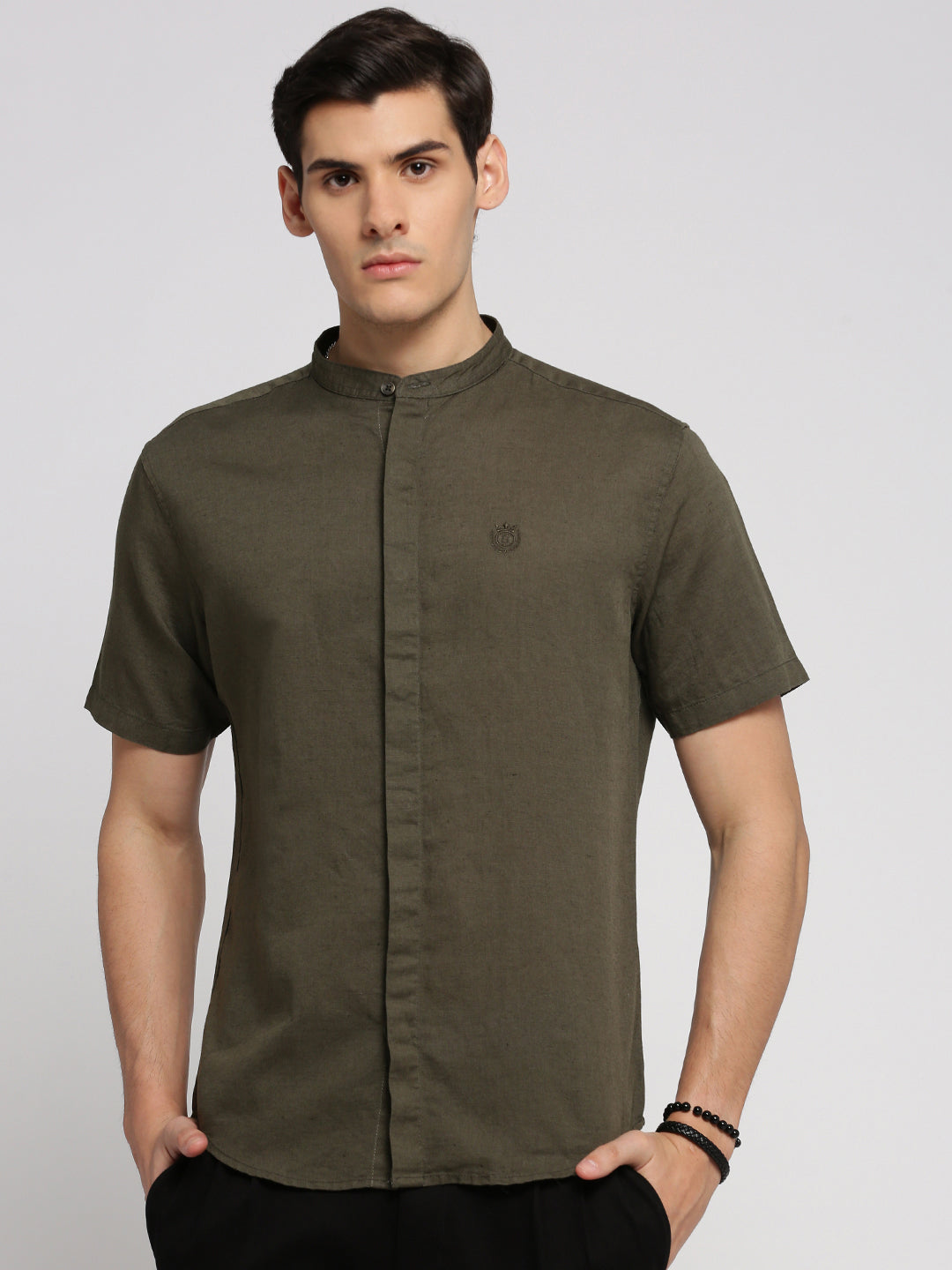 Men Olive Mandarin Collar Solid Shirt