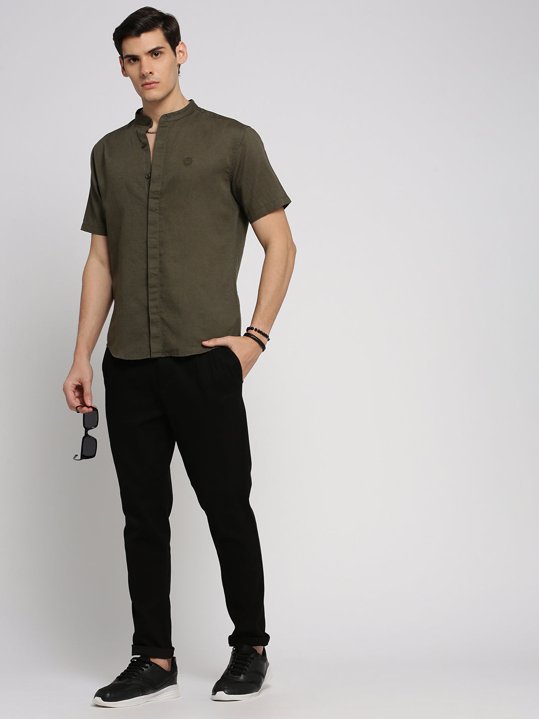 Men Olive Mandarin Collar Solid Shirt