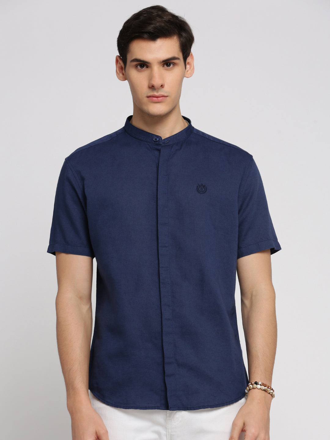 Men Navy Blue Mandarin Collar Solid Shirt