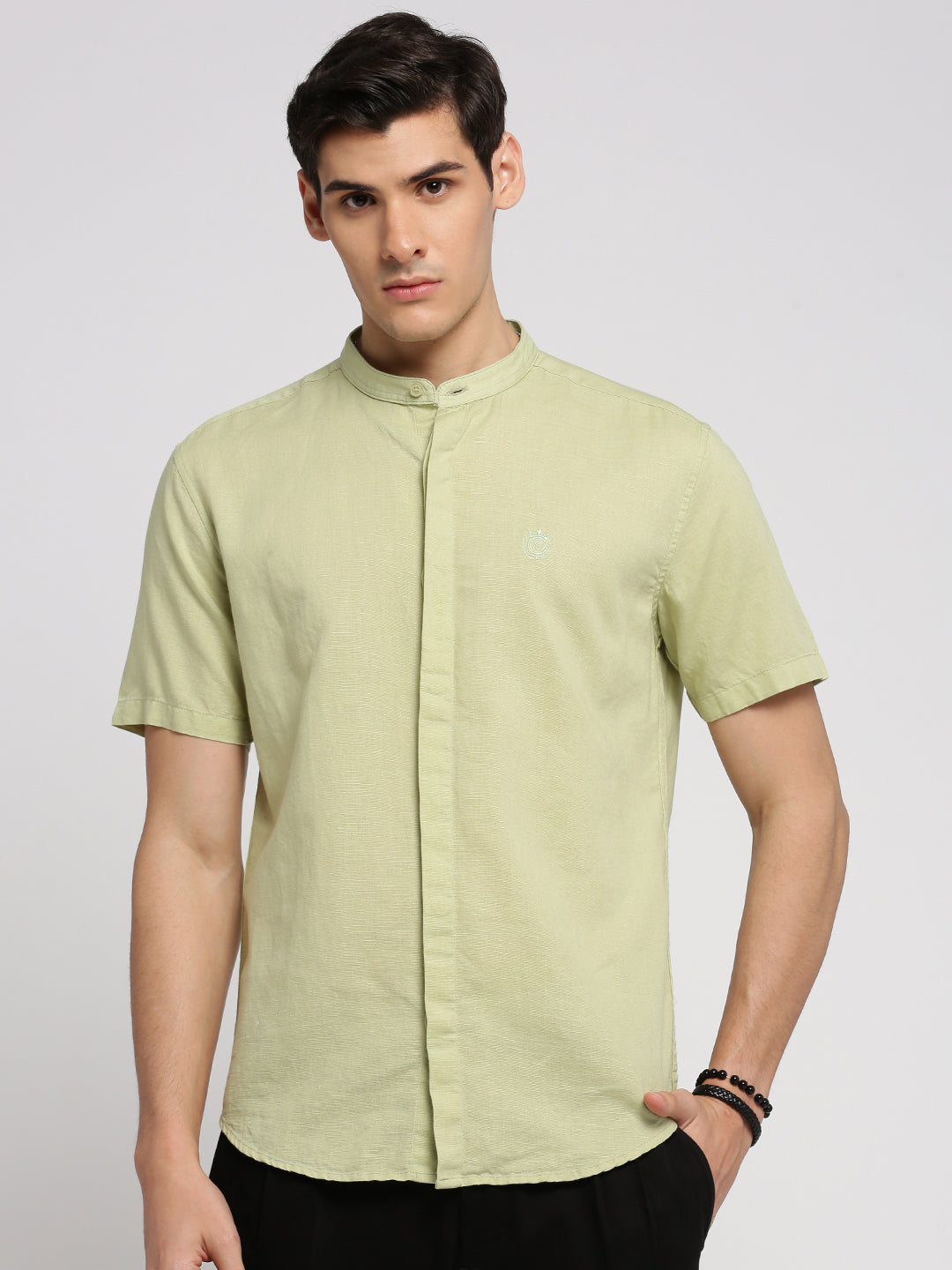 Men Sea Green Mandarin Collar Solid Shirt