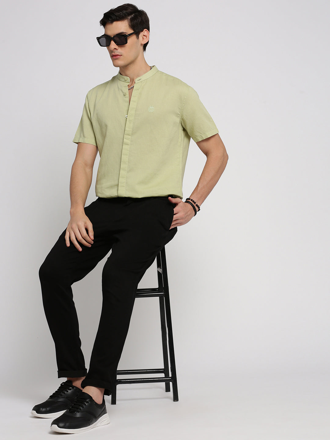 Men Sea Green Mandarin Collar Solid Shirt