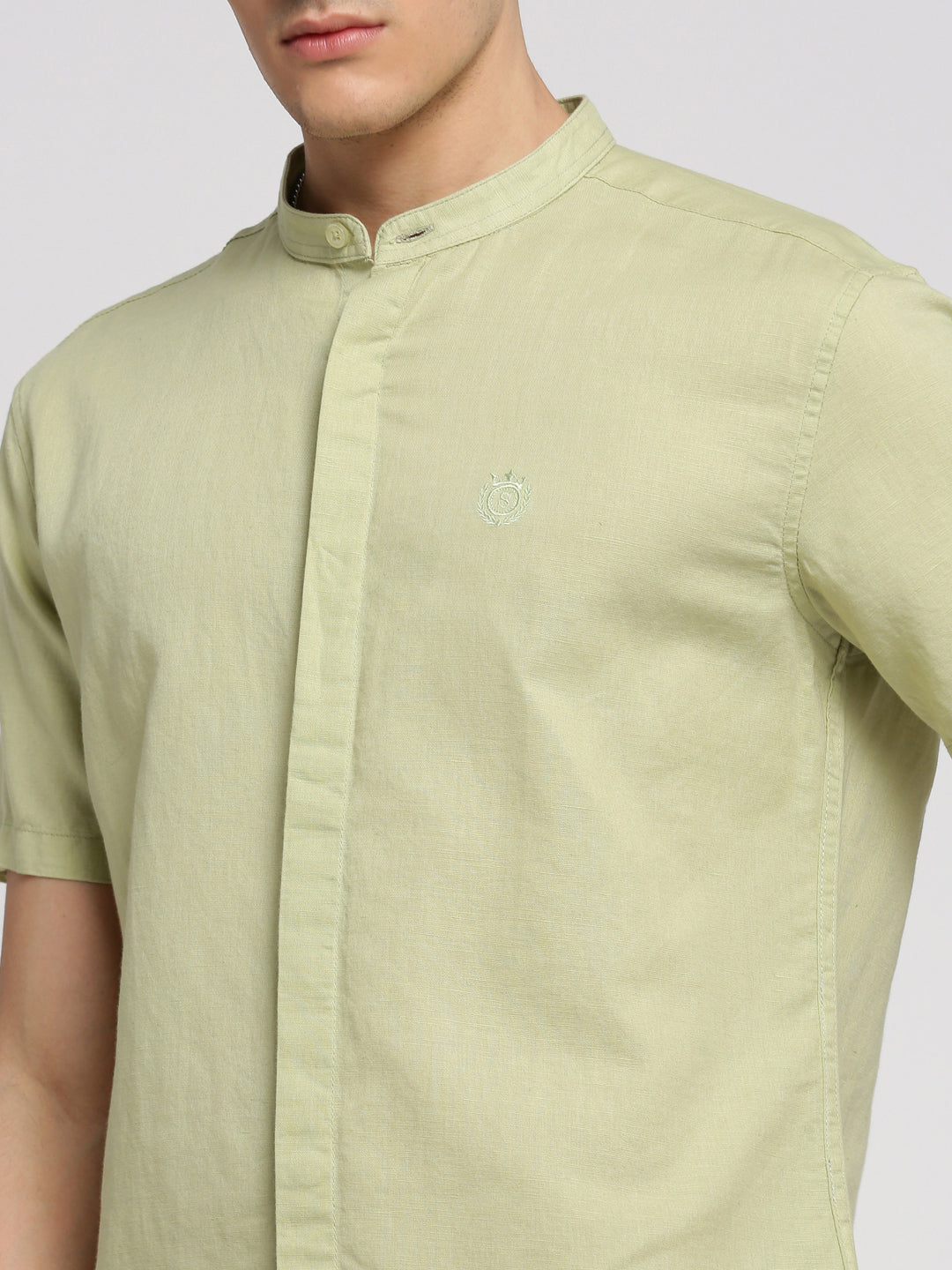 Men Sea Green Mandarin Collar Solid Shirt