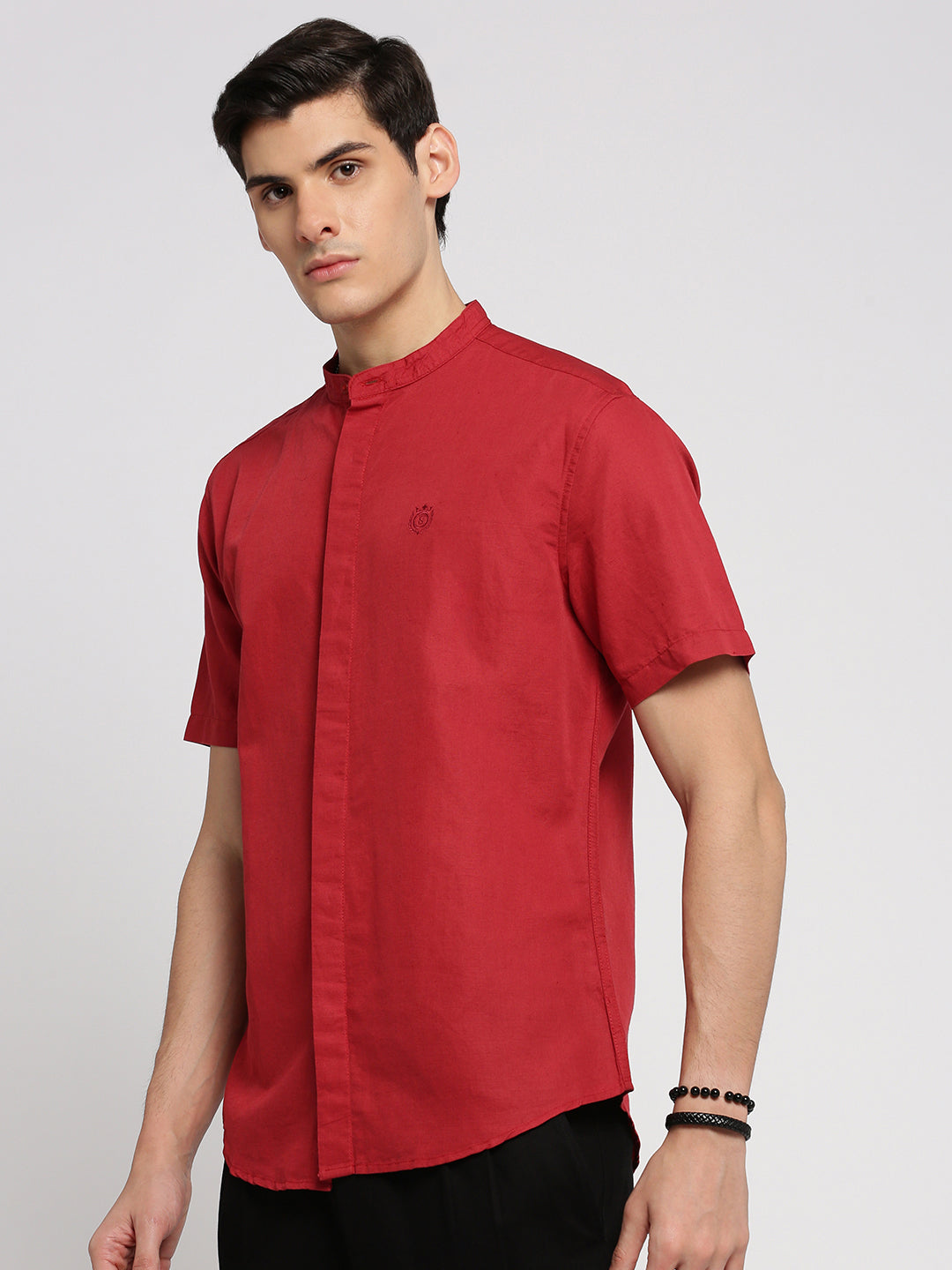 Men Red Mandarin Collar Solid Shirt