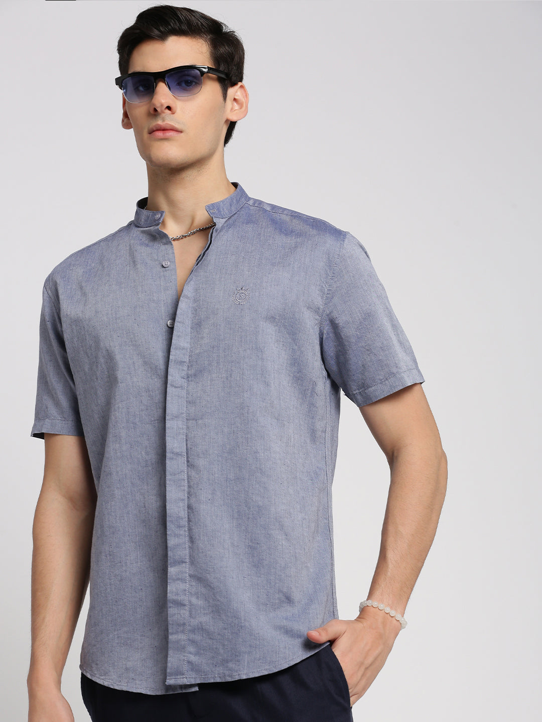 Men Grey Mandarin Collar Solid Shirt