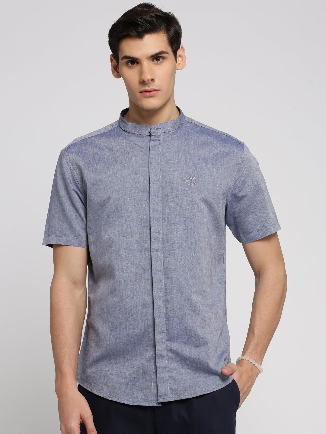 Men Grey Mandarin Collar Solid Shirt