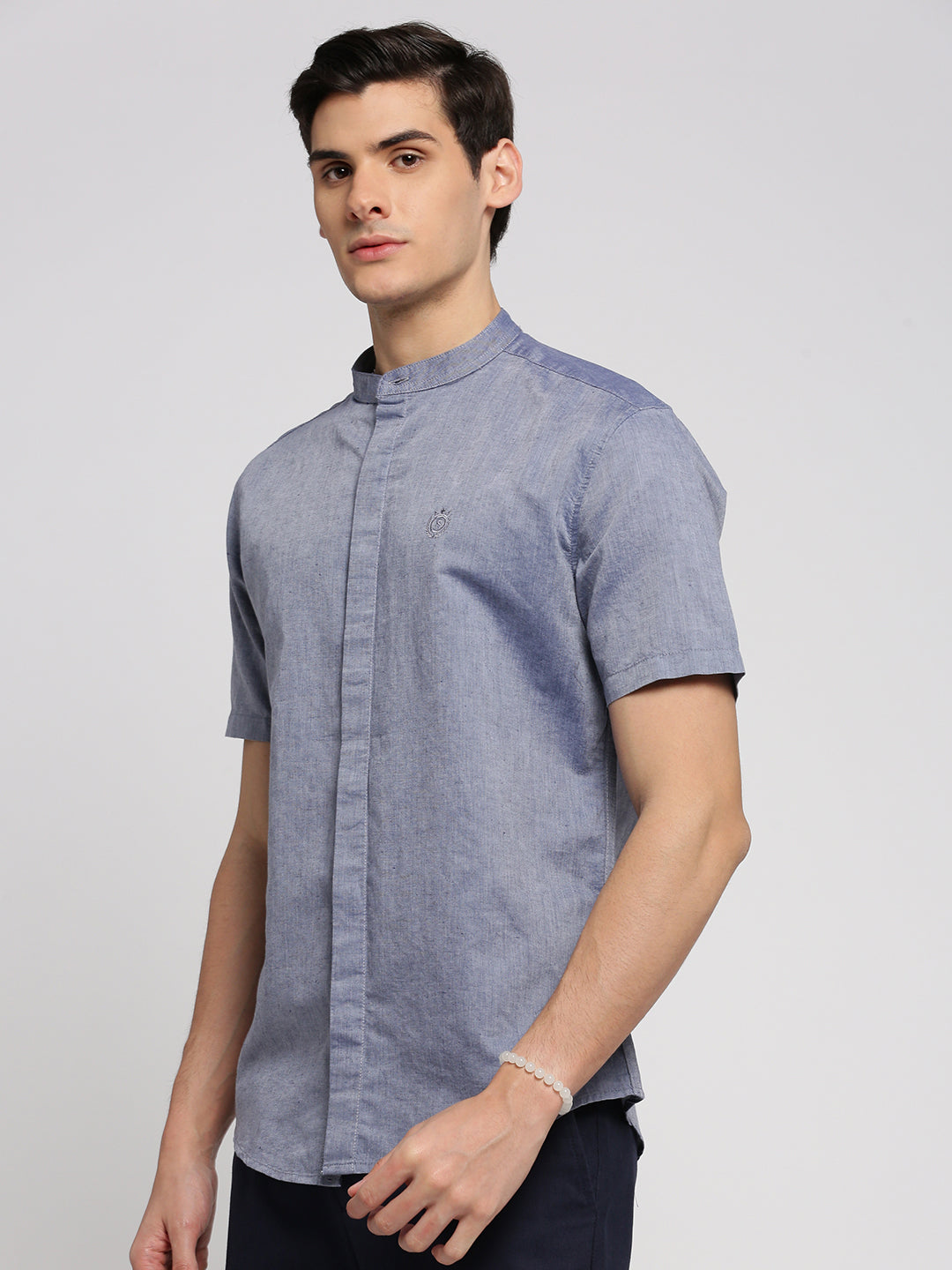 Men Grey Mandarin Collar Solid Shirt