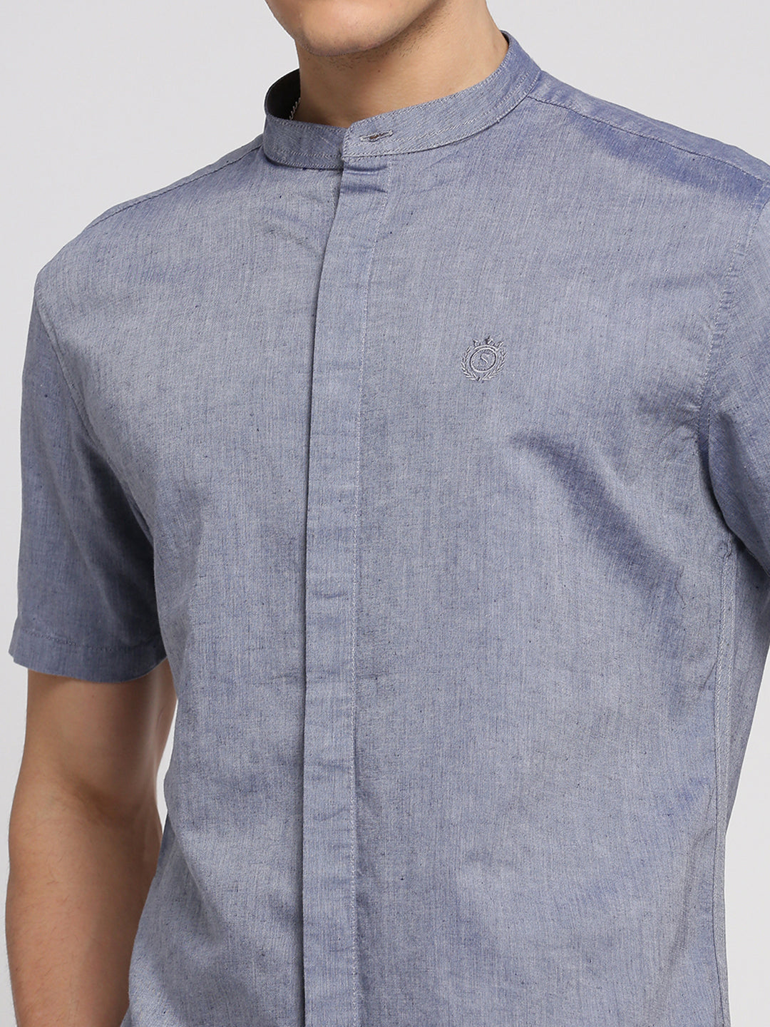 Men Grey Mandarin Collar Solid Shirt