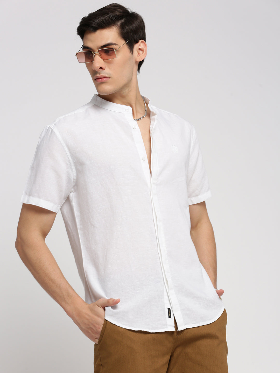 Men White Mandarin Collar Solid Shirt