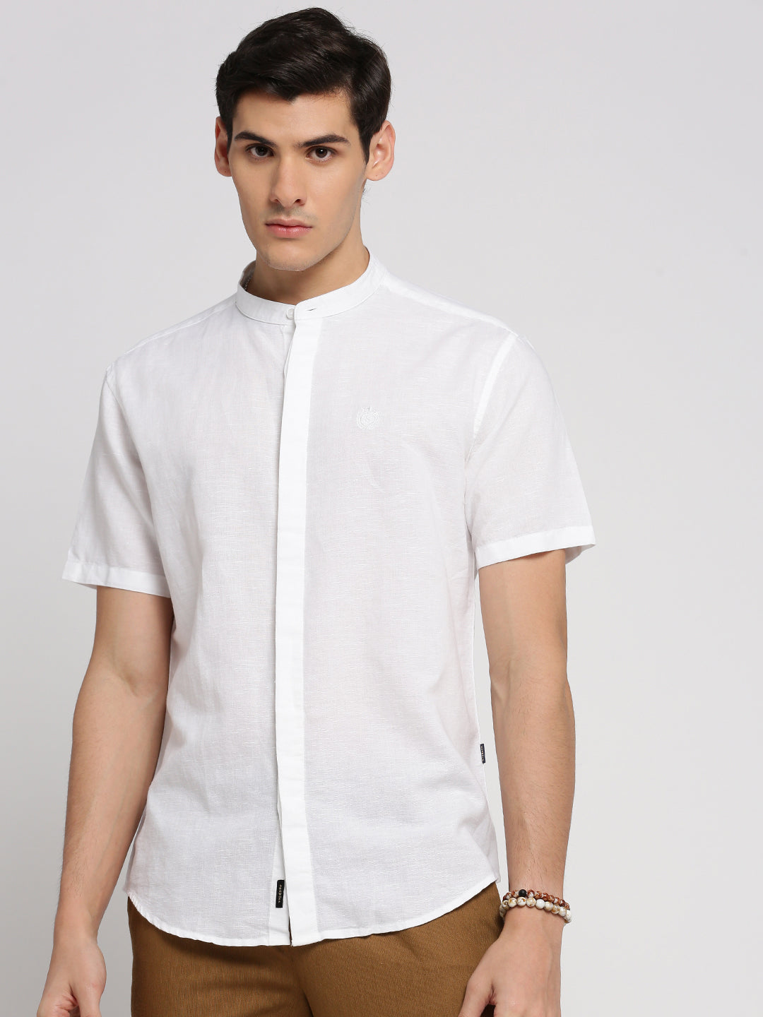 Men White Mandarin Collar Solid Shirt