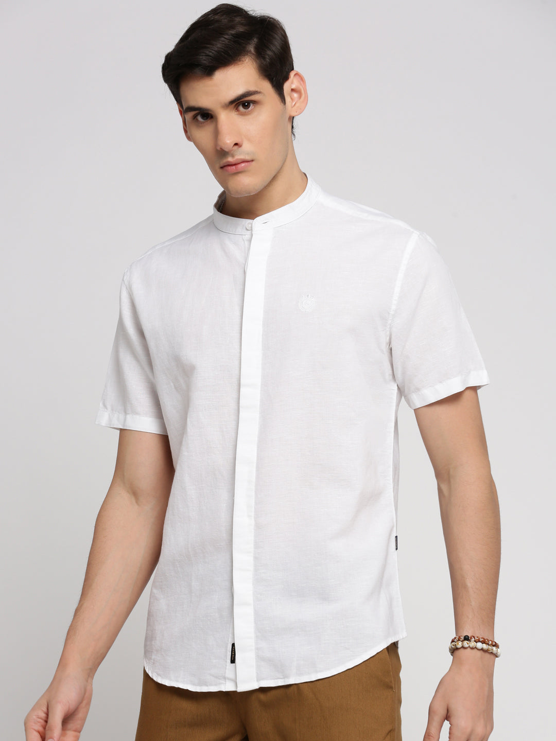 Men White Mandarin Collar Solid Shirt