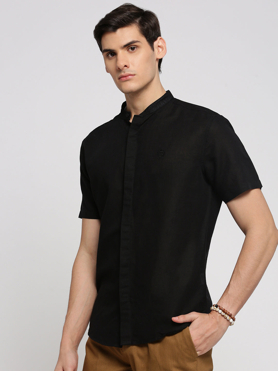 Men Black Mandarin Collar Solid Shirt