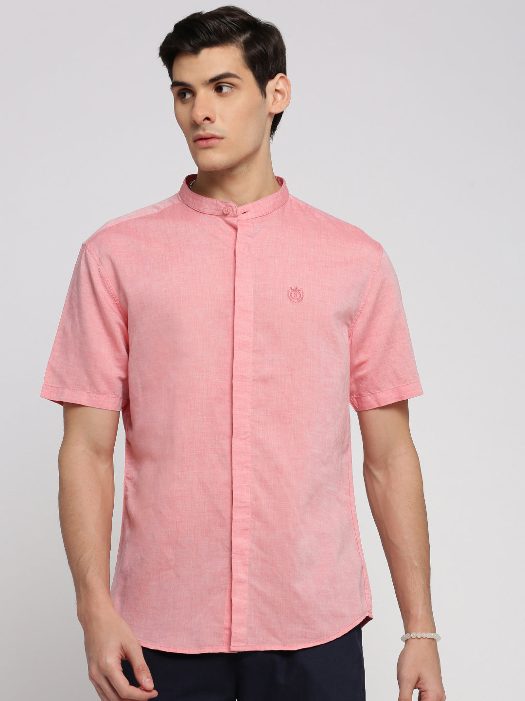 Men Peach Mandarin Collar Solid Shirt