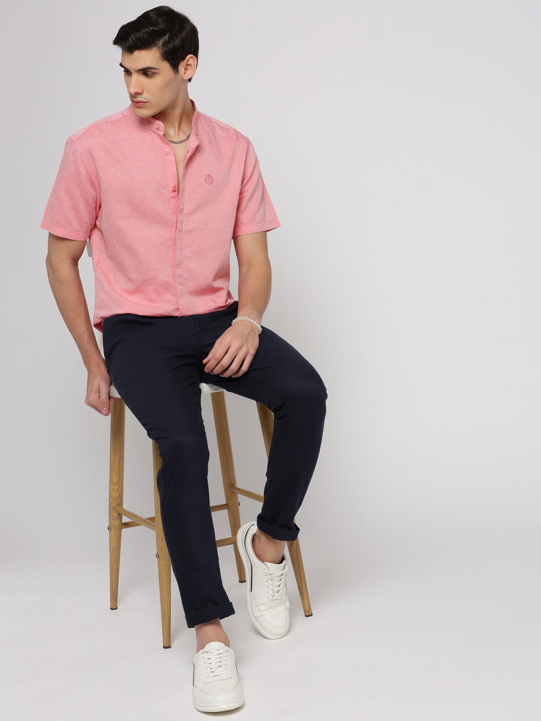 Men Peach Mandarin Collar Solid Shirt