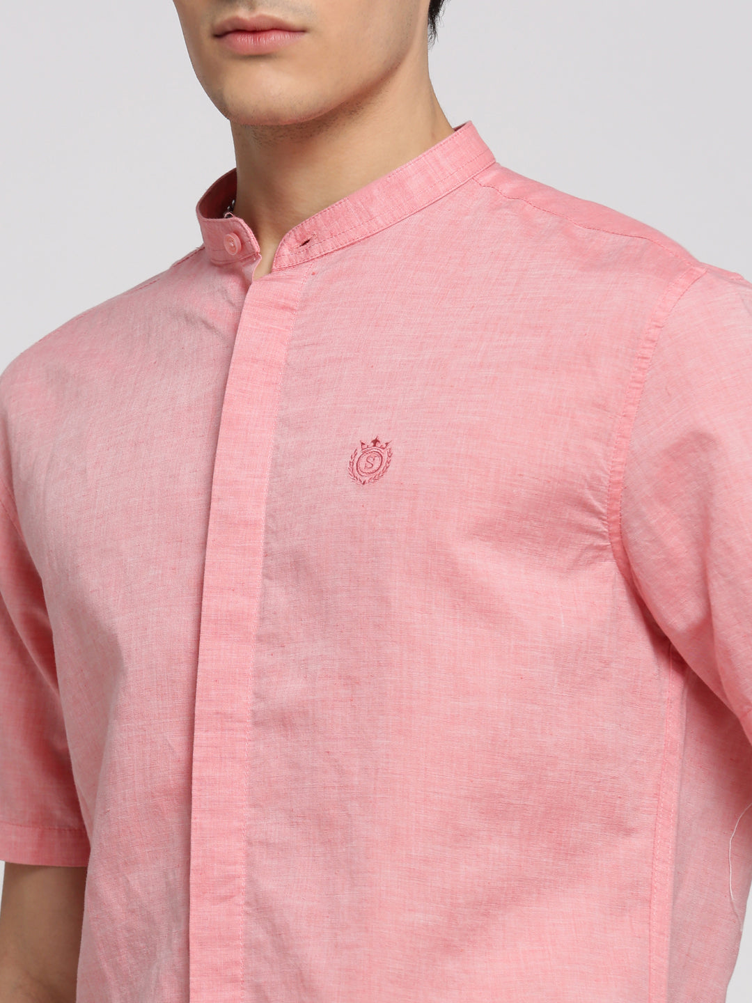 Men Peach Mandarin Collar Solid Shirt