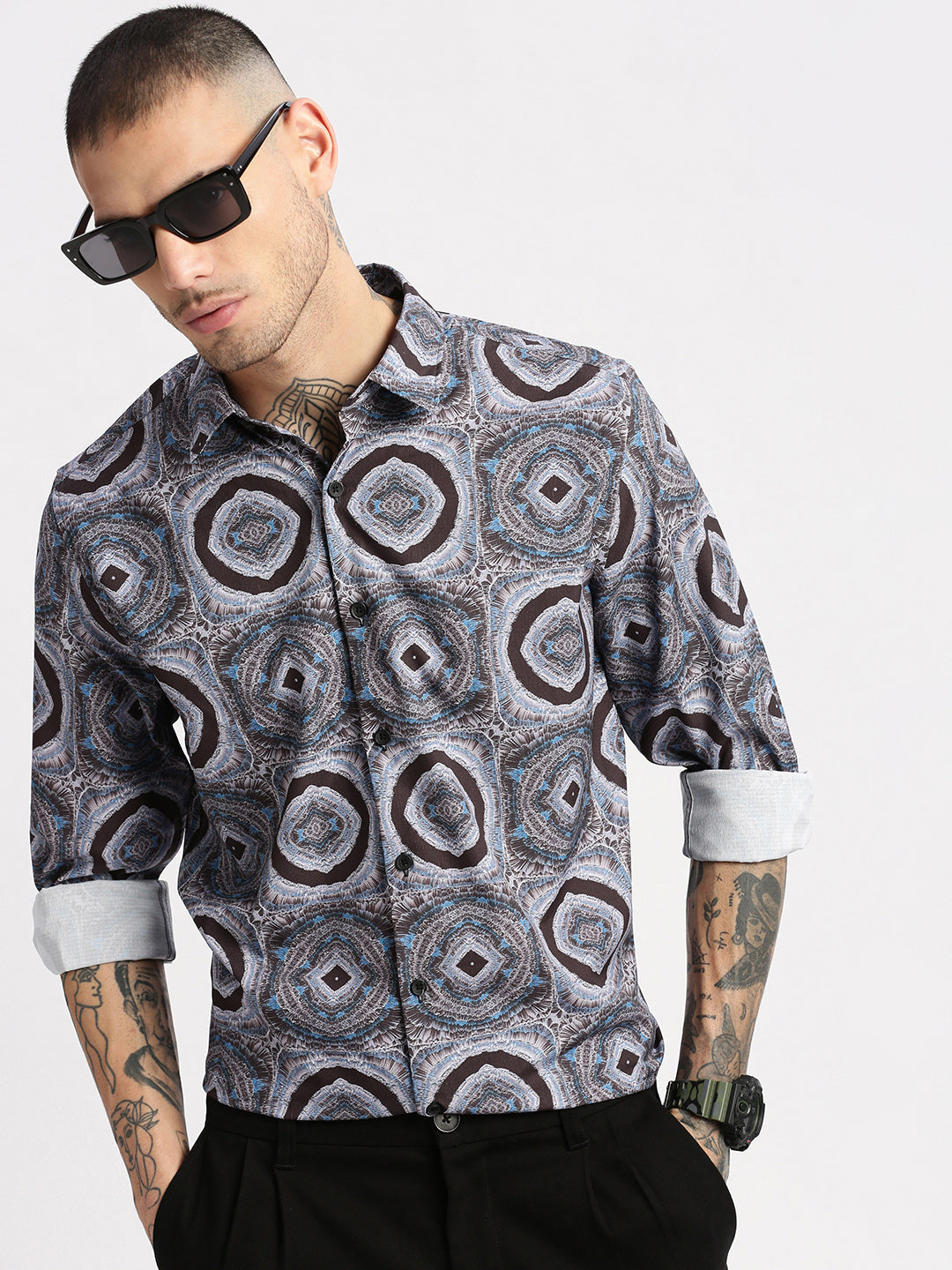 Men Spread Collar  Abstract Grey Casual Shirt