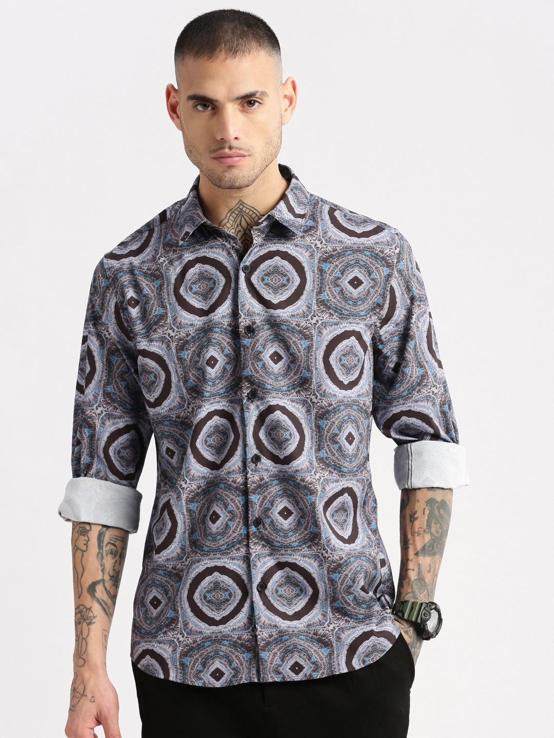 Men Spread Collar  Abstract Grey Casual Shirt