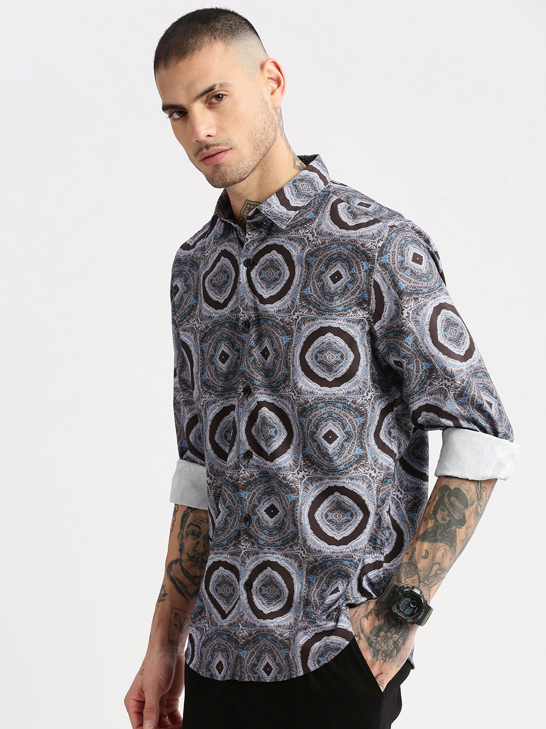 Men Spread Collar  Abstract Grey Casual Shirt