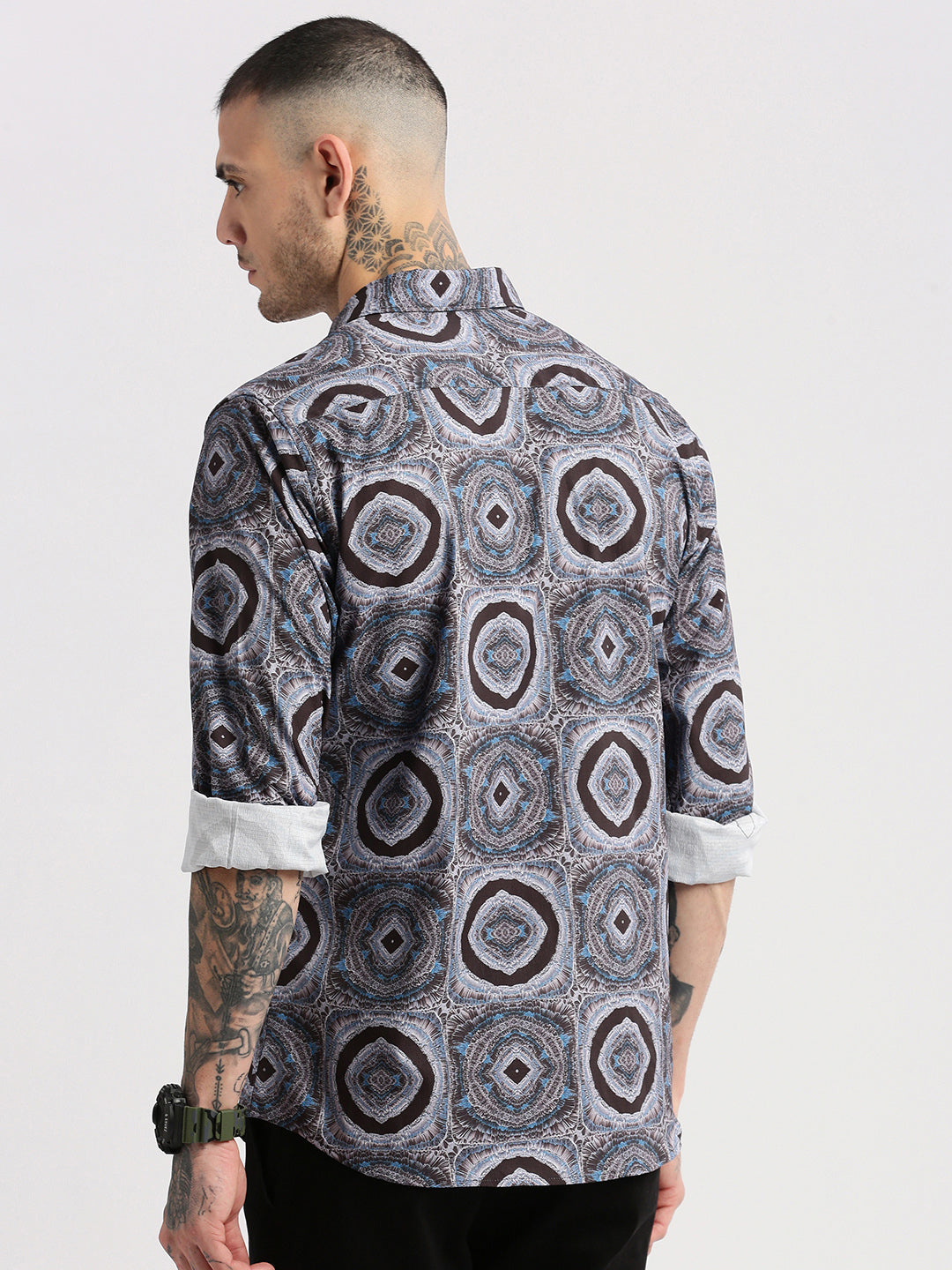 Men Spread Collar  Abstract Grey Casual Shirt