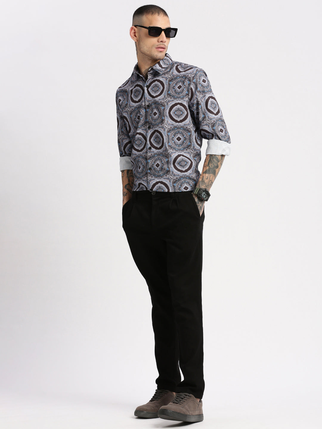 Men Spread Collar  Abstract Grey Casual Shirt