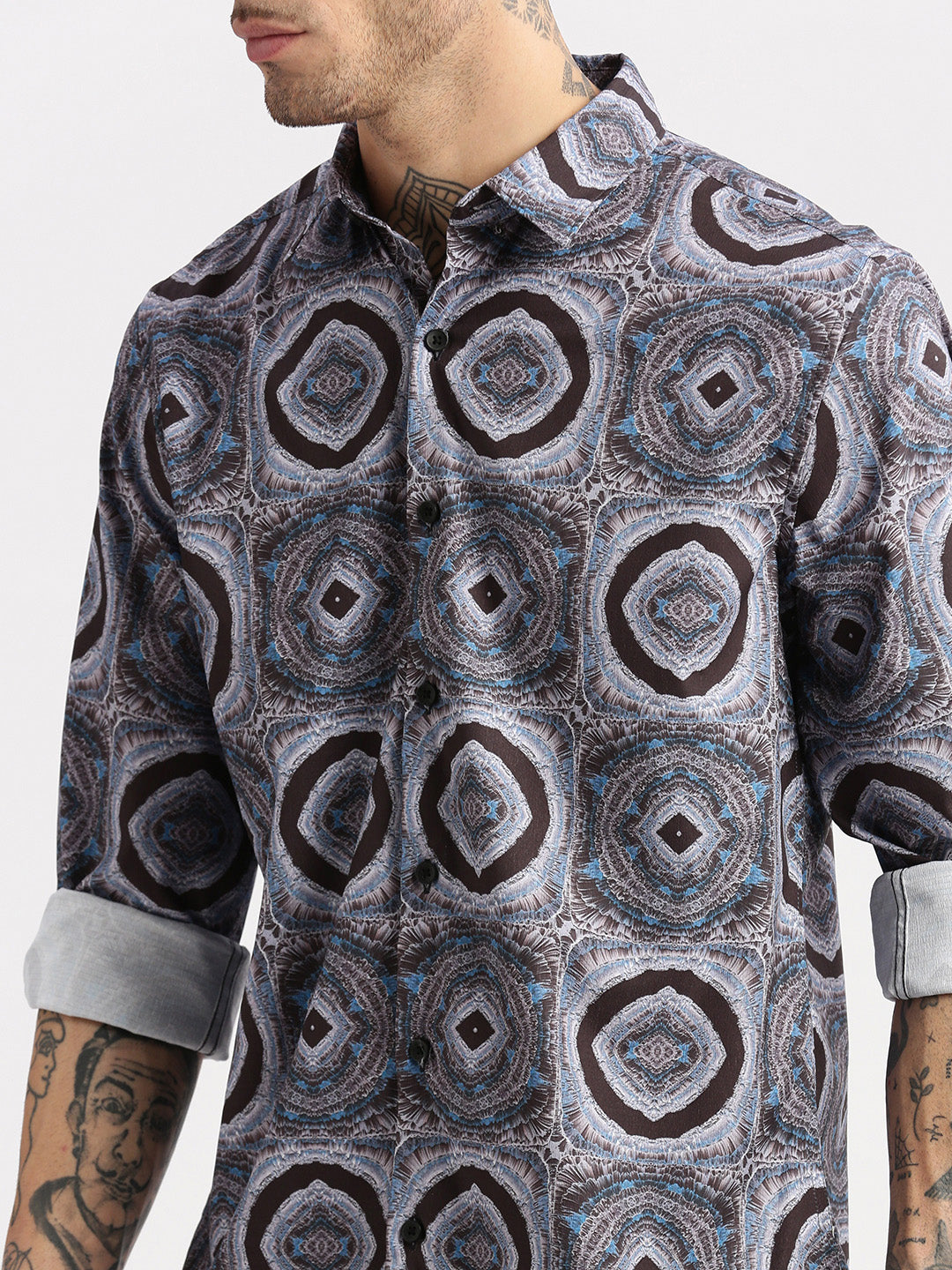 Men Spread Collar  Abstract Grey Casual Shirt