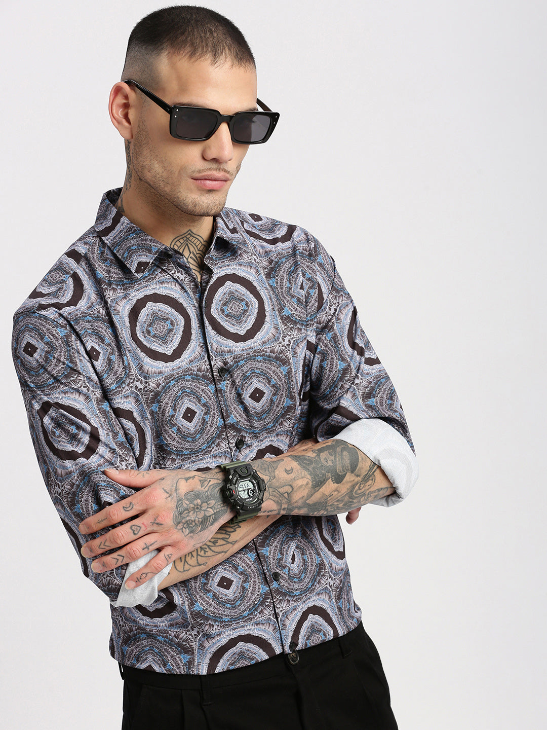 Men Spread Collar  Abstract Grey Casual Shirt