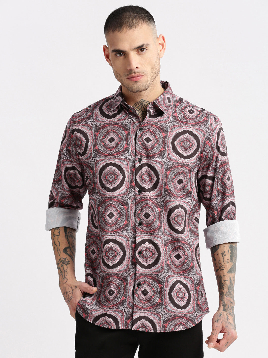 Men Spread Collar  Geometric Black Casual Shirt