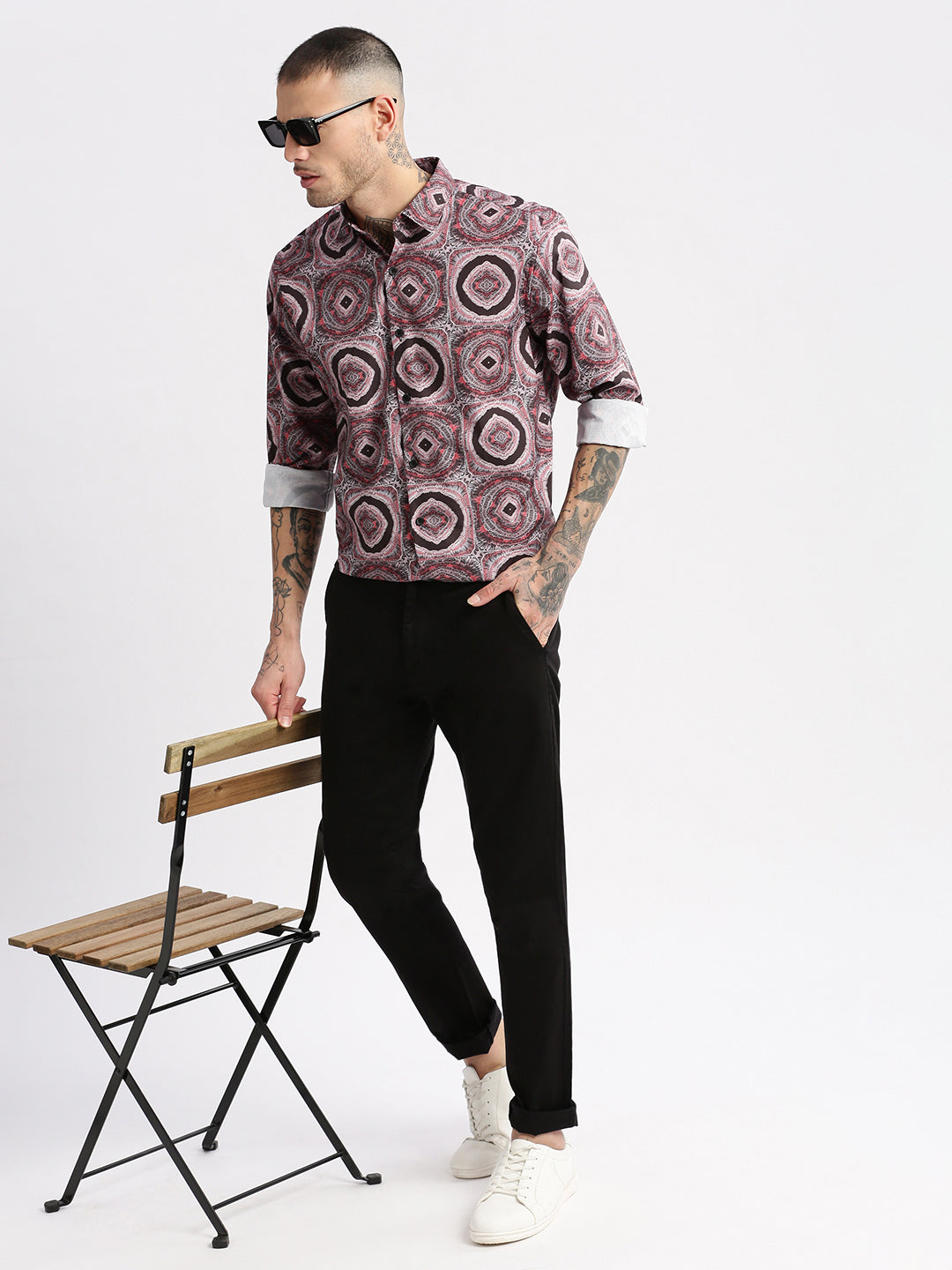 Men Spread Collar  Geometric Black Casual Shirt