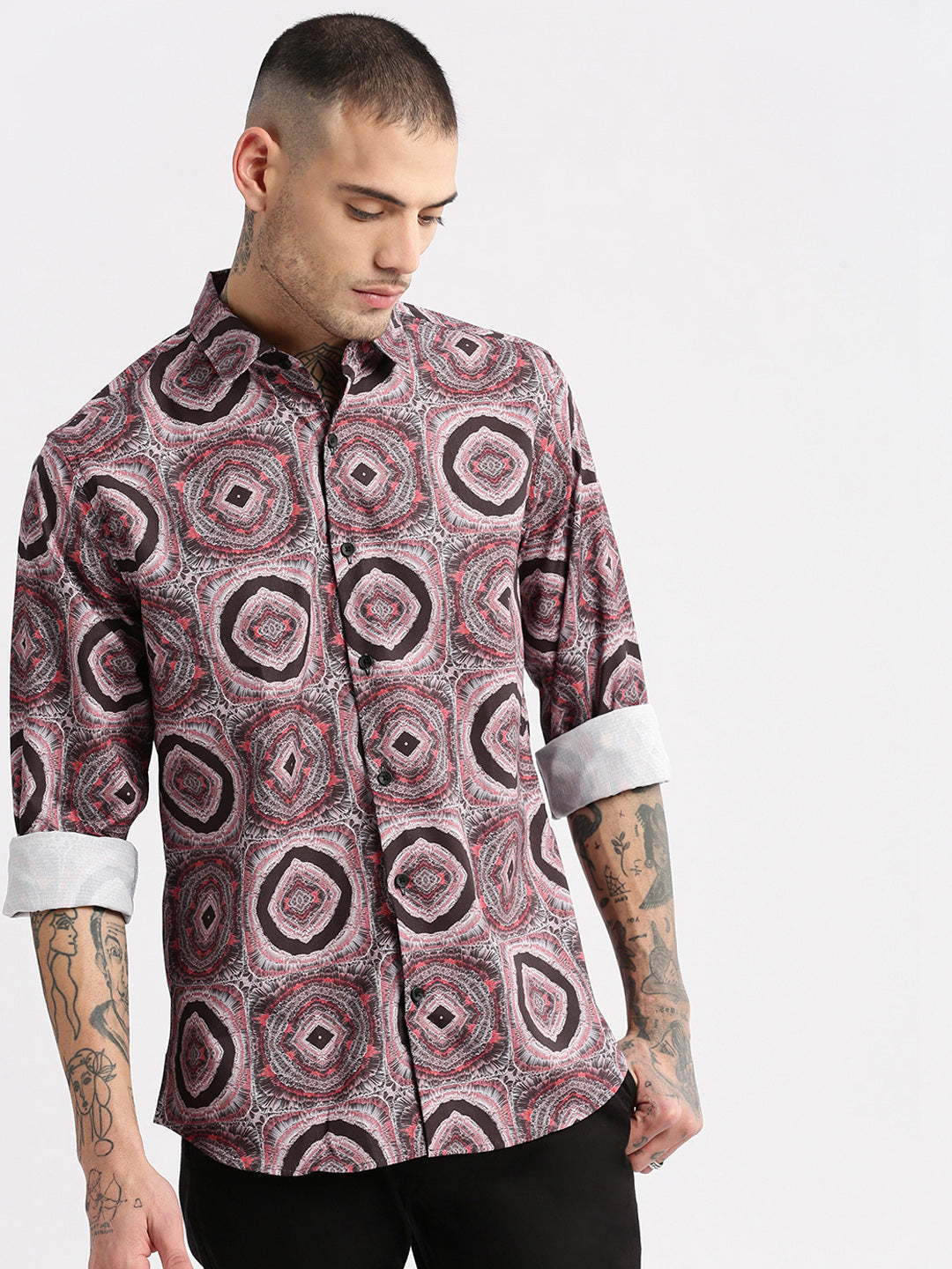 Men Spread Collar  Geometric Black Casual Shirt