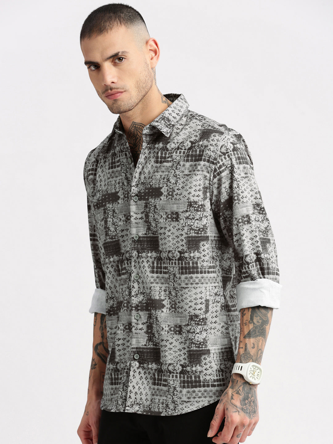 Men Spread Collar  Abstract Grey Casual Shirt