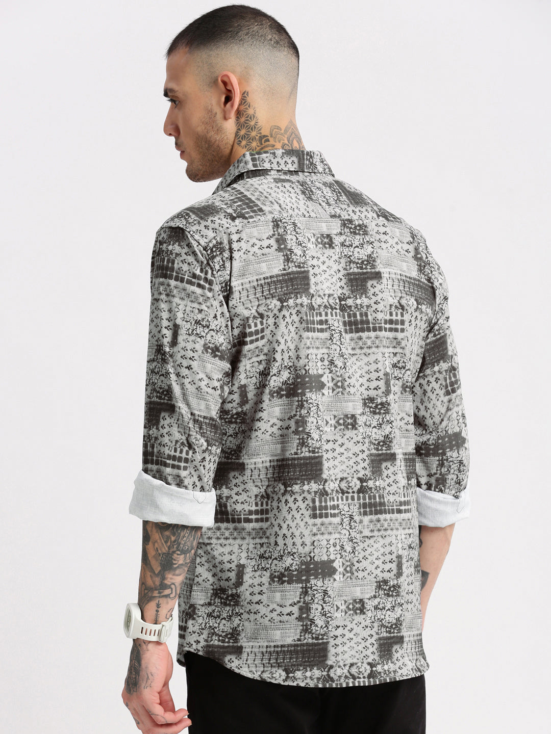 Men Spread Collar  Abstract Grey Casual Shirt