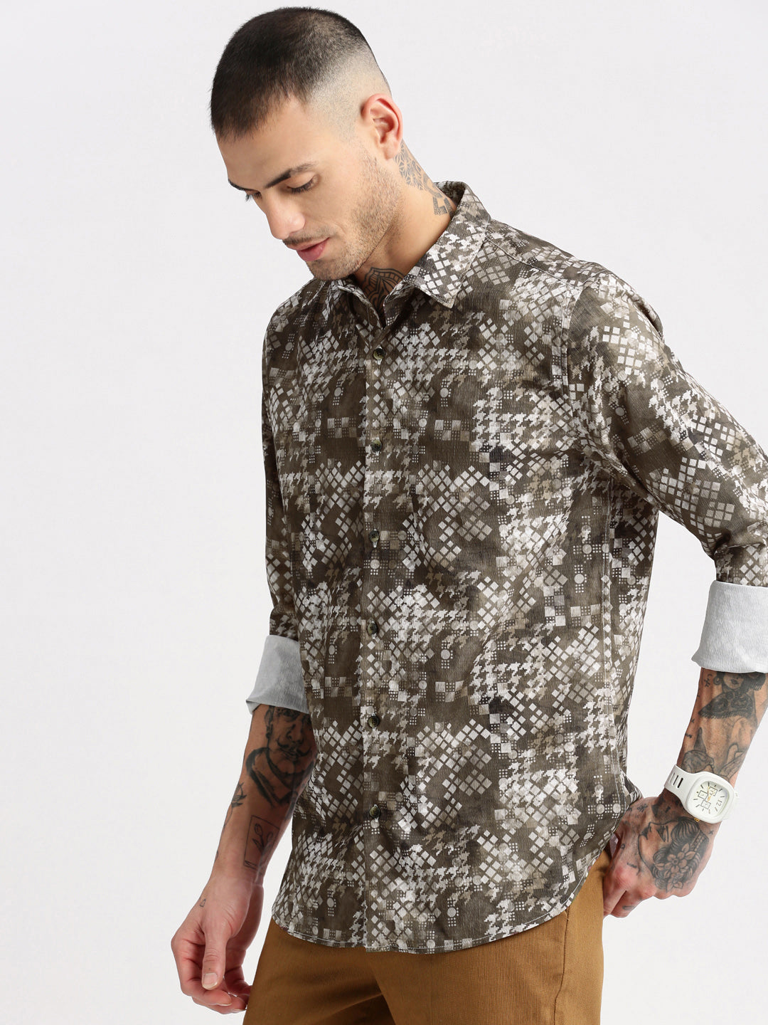 Men Spread Collar  Geometric Olive Casual Shirt