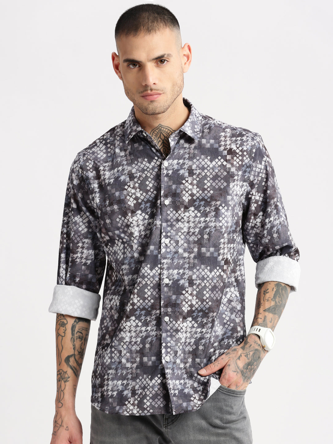 Men Spread Collar  Geometric Grey Casual Shirt