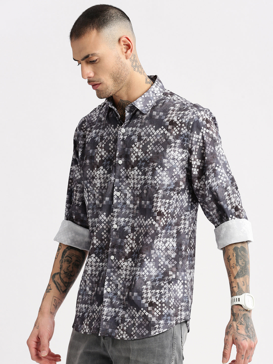 Men Spread Collar  Geometric Grey Casual Shirt