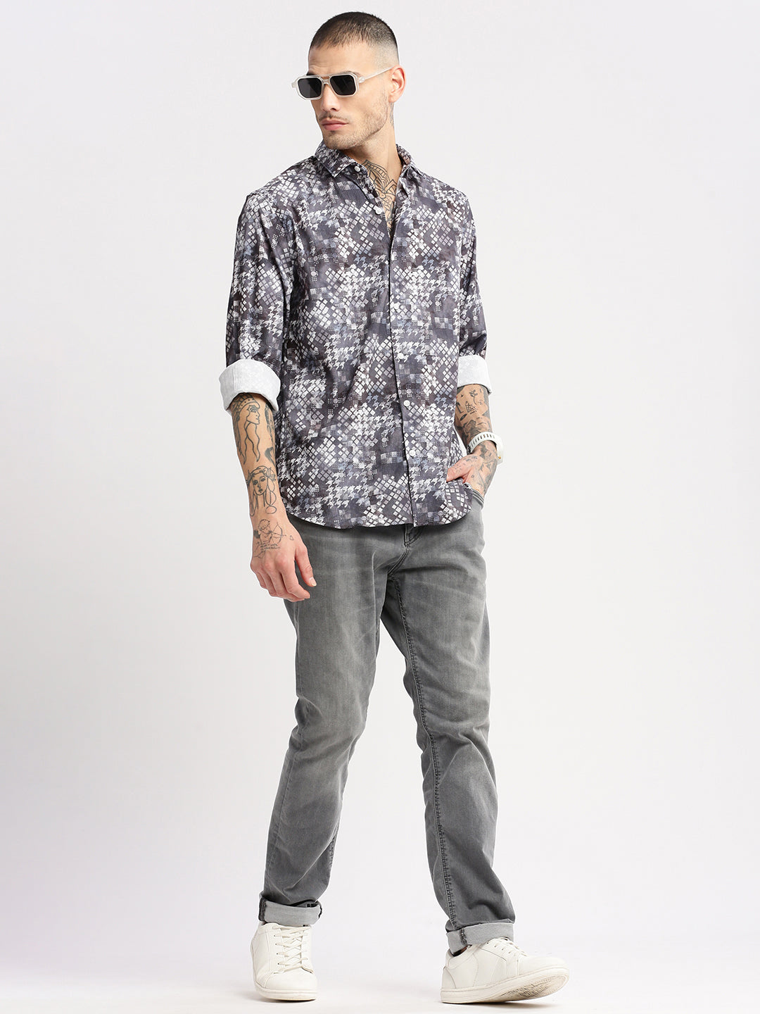 Men Spread Collar  Geometric Grey Casual Shirt