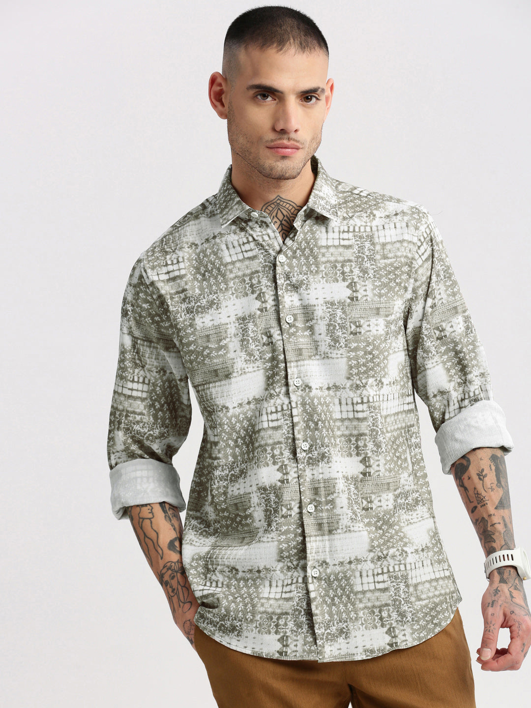 Men Spread Collar  Abstract Green Casual Shirt