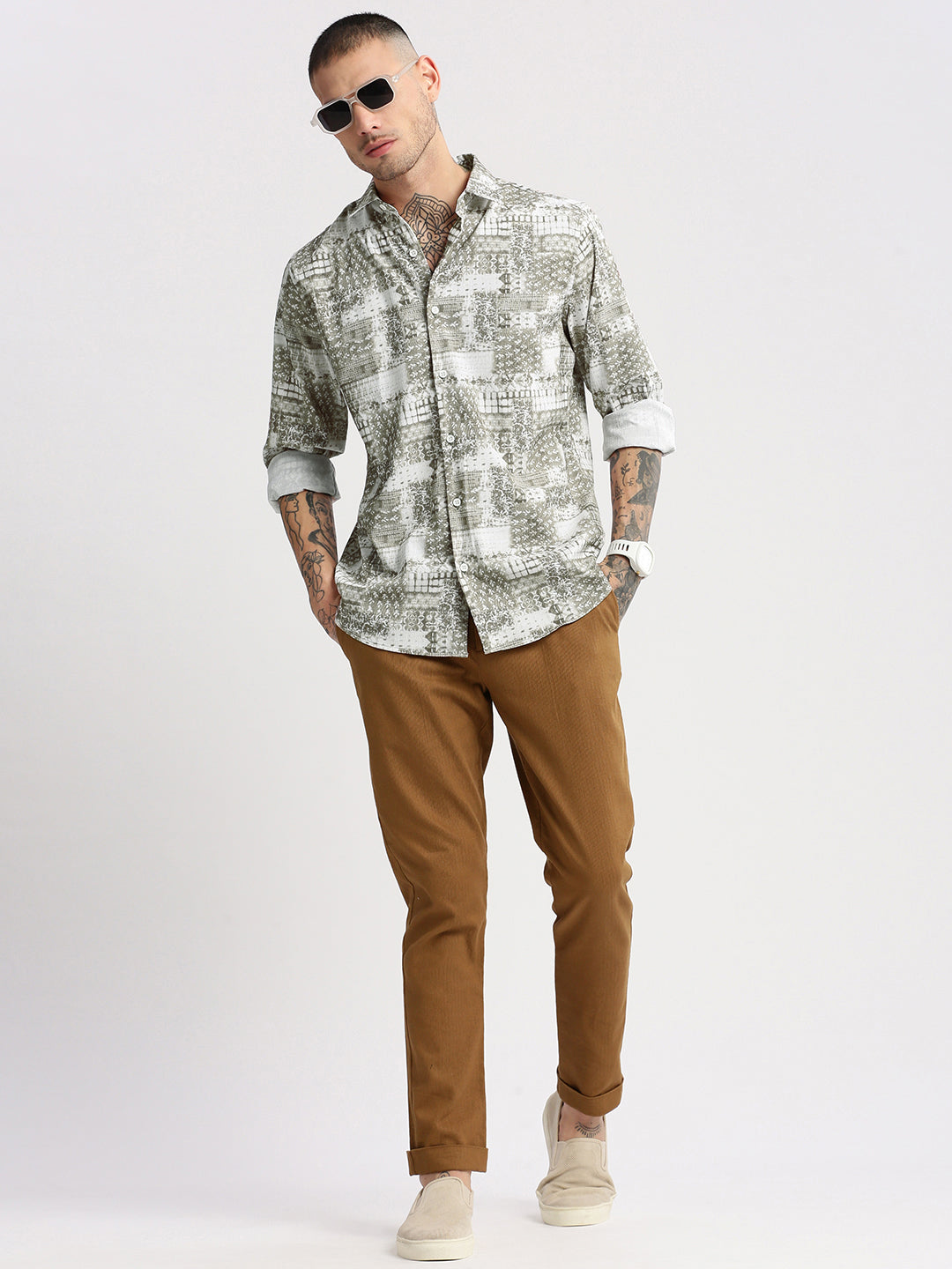 Men Spread Collar  Abstract Green Casual Shirt