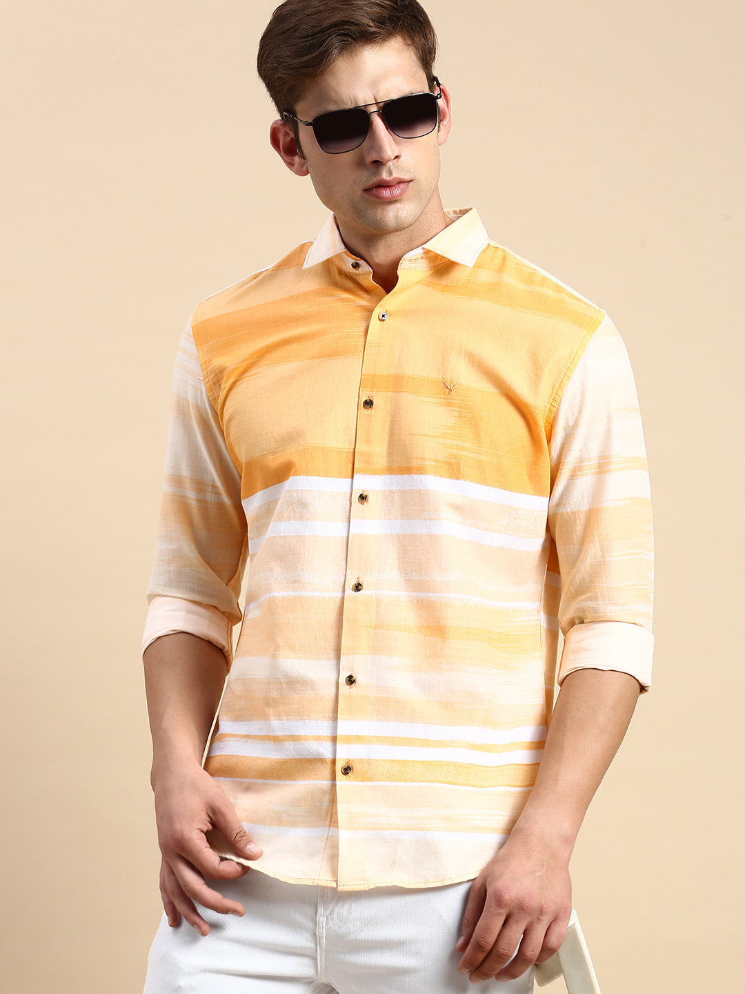 Men Orange Striped Casual Shirt