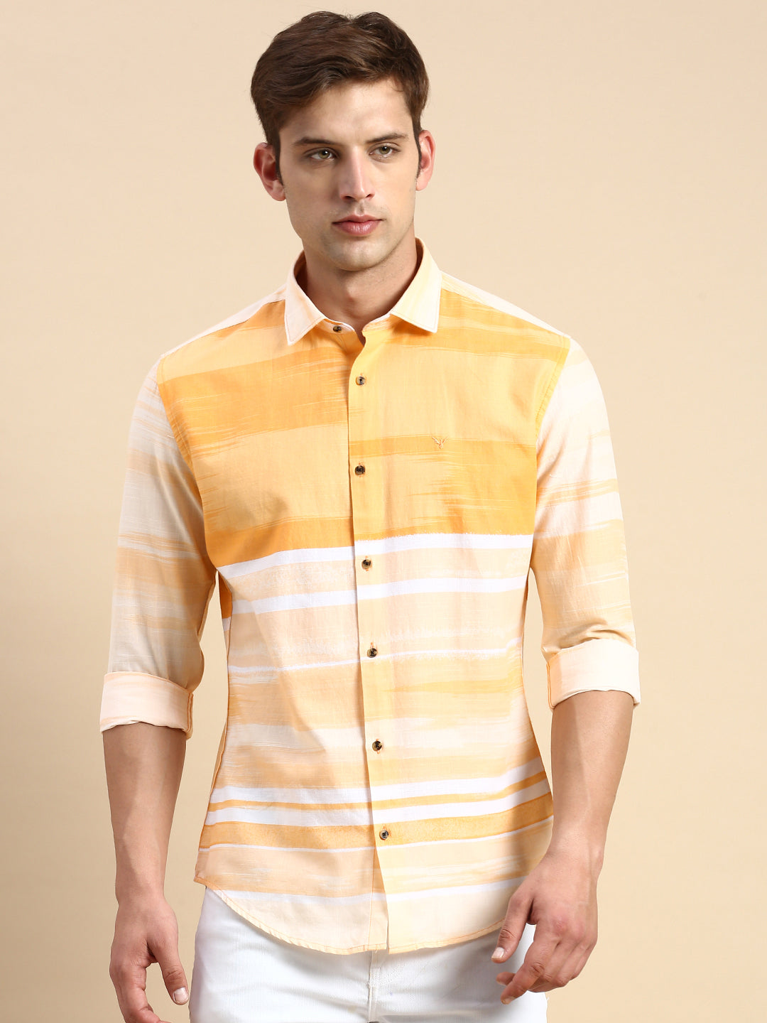 Men Orange Striped Casual Shirt