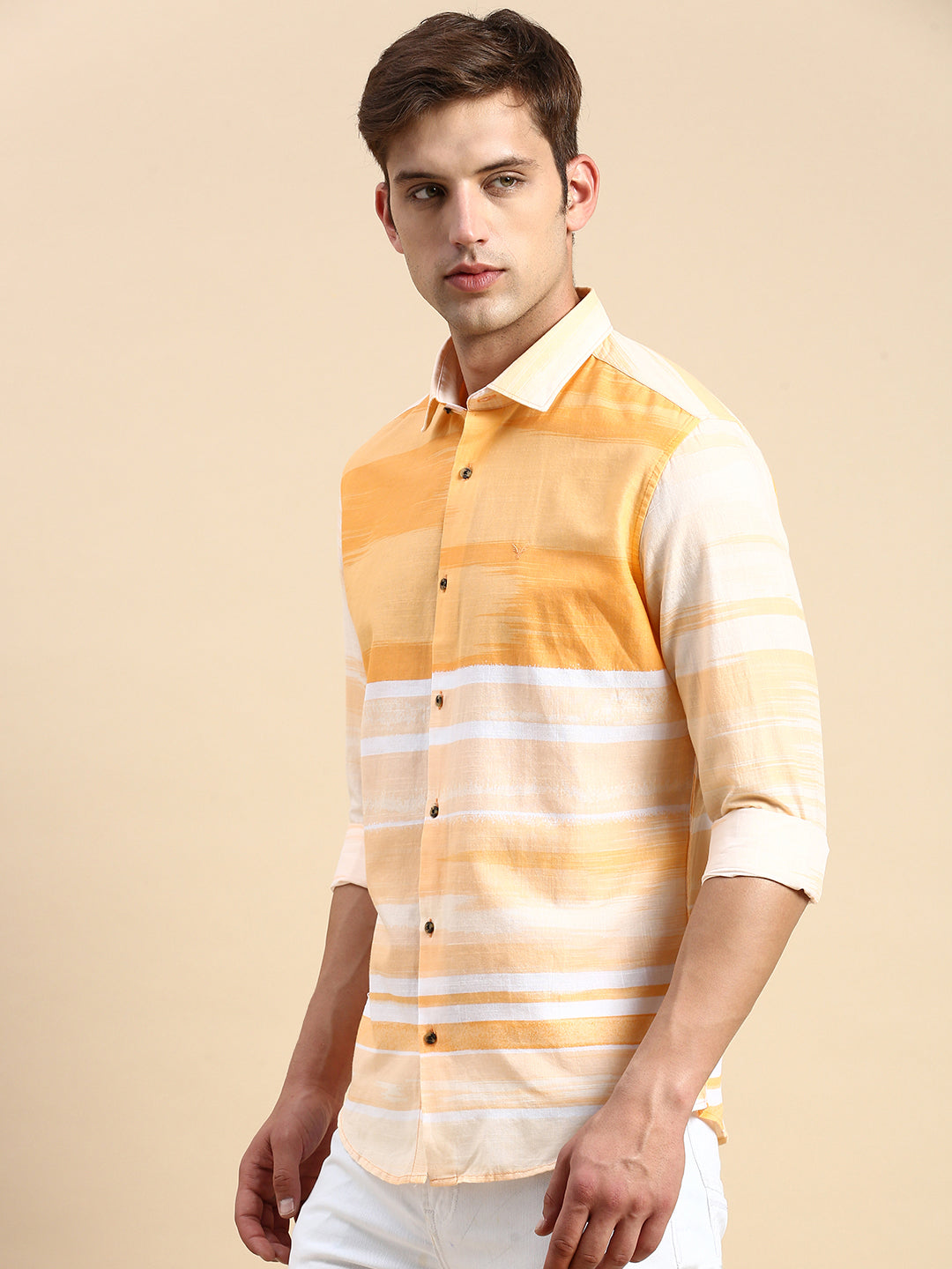 Men Orange Striped Casual Shirt