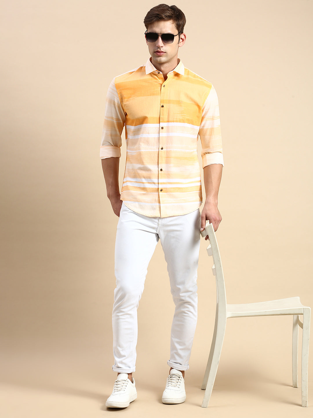 Men Orange Striped Casual Shirt