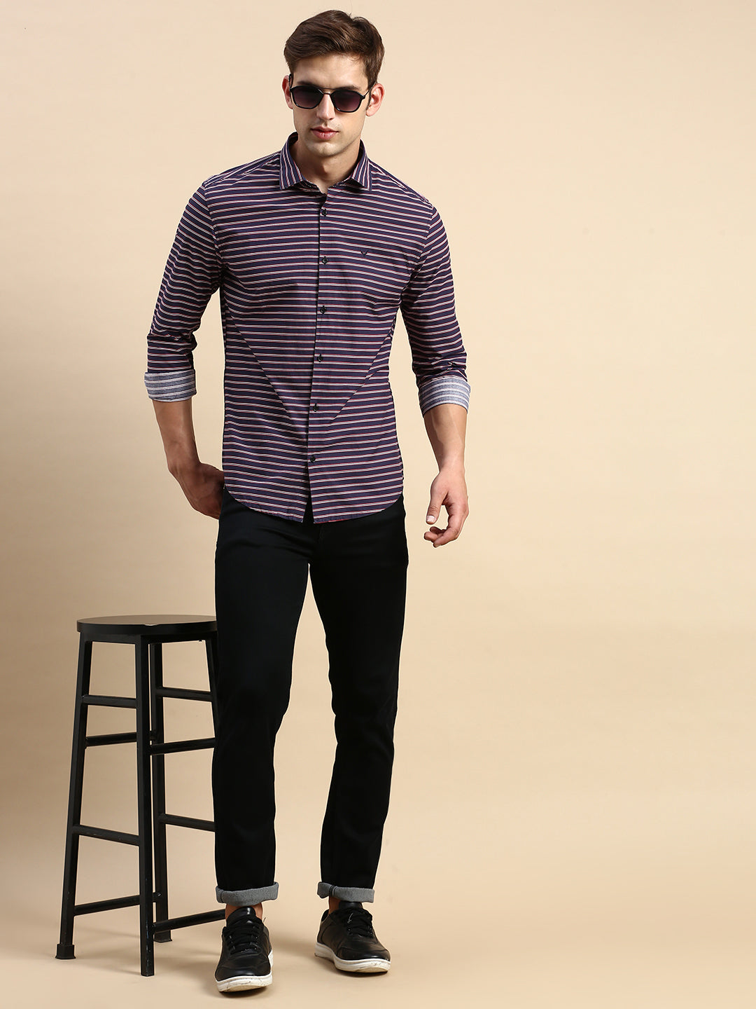 Men Navy Striped Casual Shirt