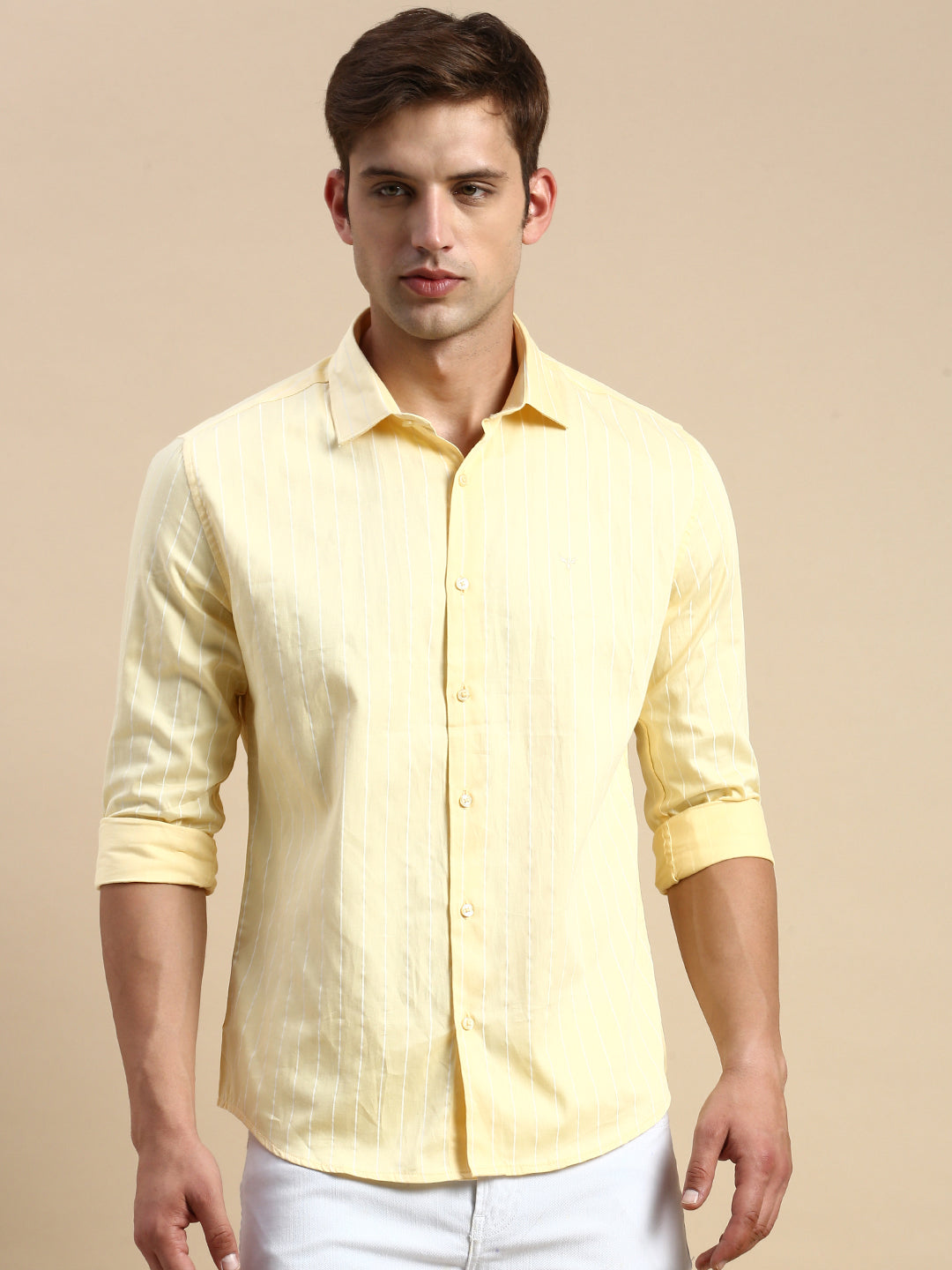 Men Yellow Striped Casual Shirt