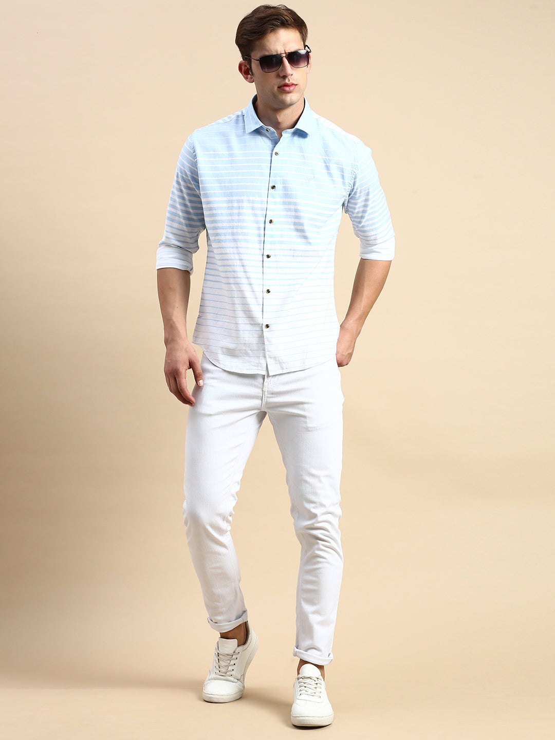 Men Blue Striped Casual Shirt