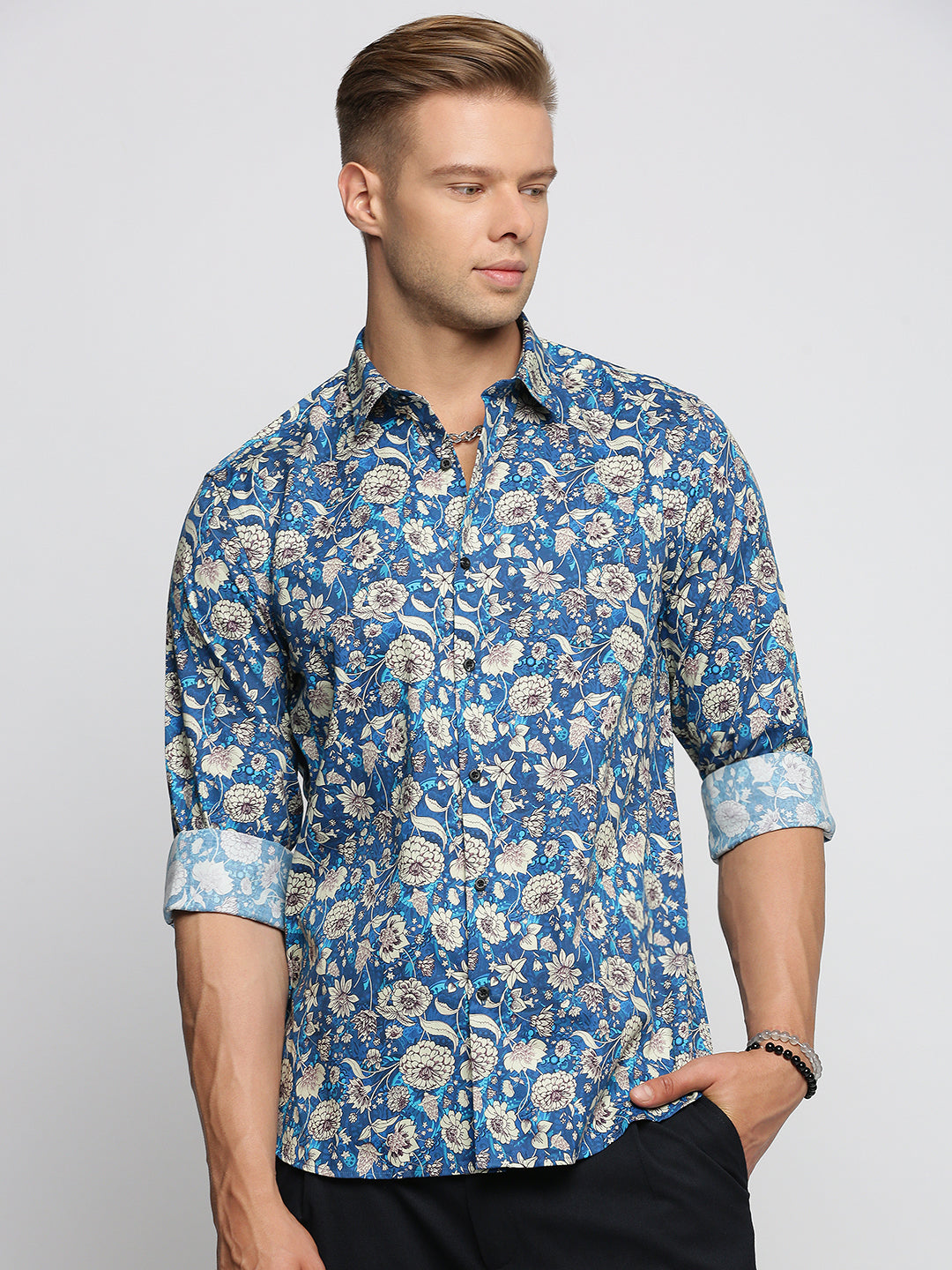 Men Blue Spread Collar Floral Shirt