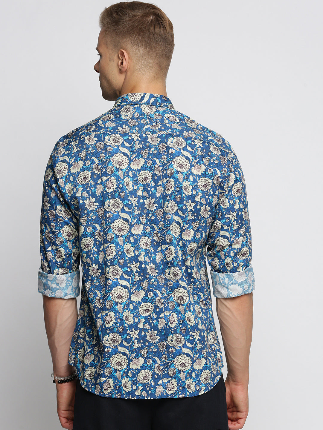 Men Blue Spread Collar Floral Shirt