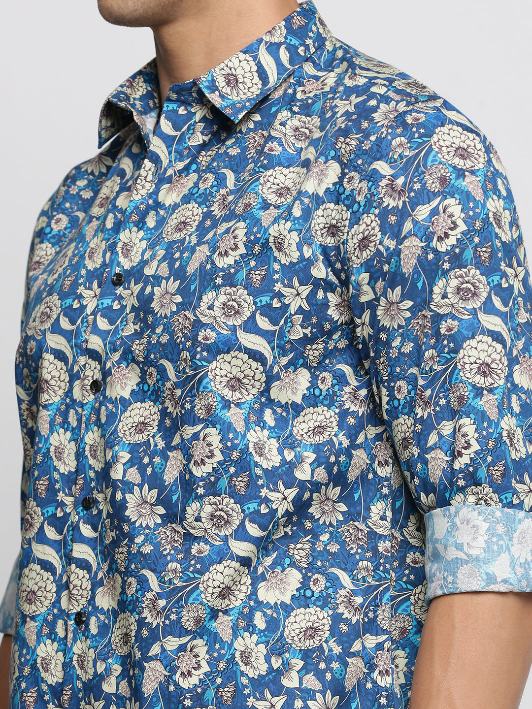 Men Blue Spread Collar Floral Shirt